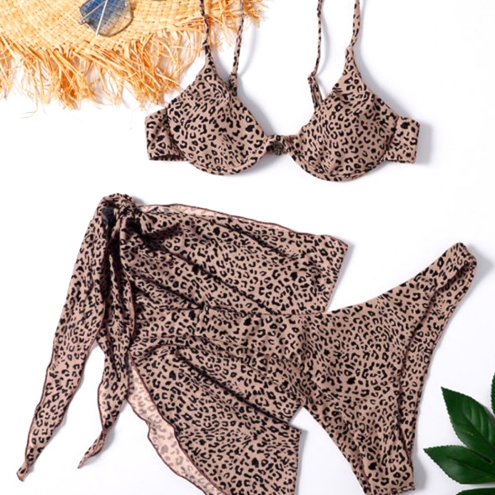3PCS Leopard Bikini & Sarong Swimwear